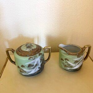 Antique NIPPON FLYING GEESE SUGAR & CREAMER Gold Moriage Jeweled PAULOWNIA MARK